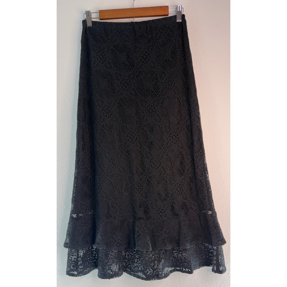 90s Annamoon Black Crochet Floral Lace Midi Skirt Tiered Ruffle Hem RomanticGoth